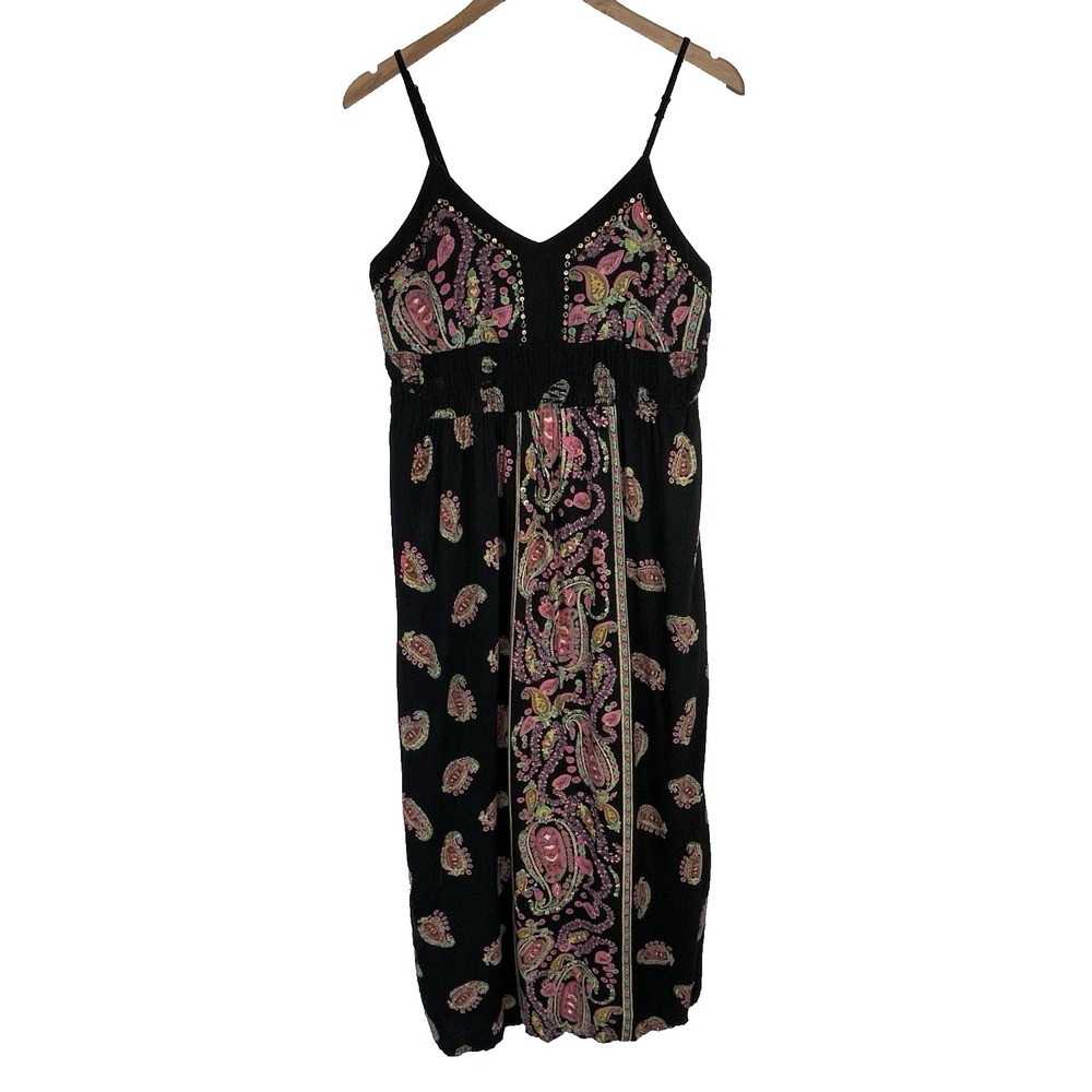 Angie Womens Paisley Babydoll Boho Midi Dress L  Smocked Hippie Folk Festival